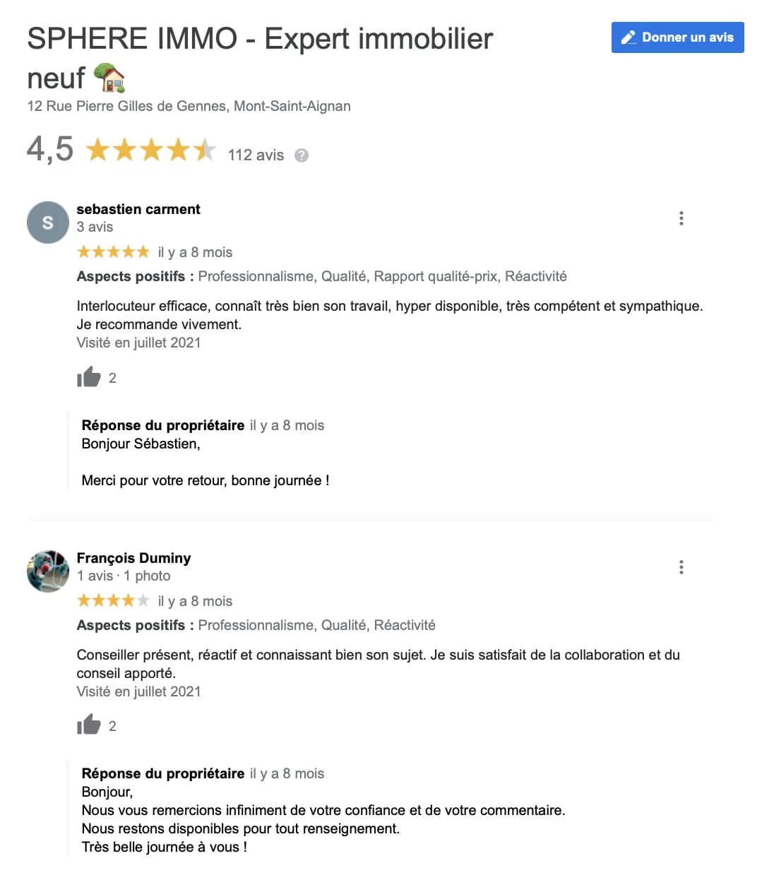 Avis clients Sphere Immo