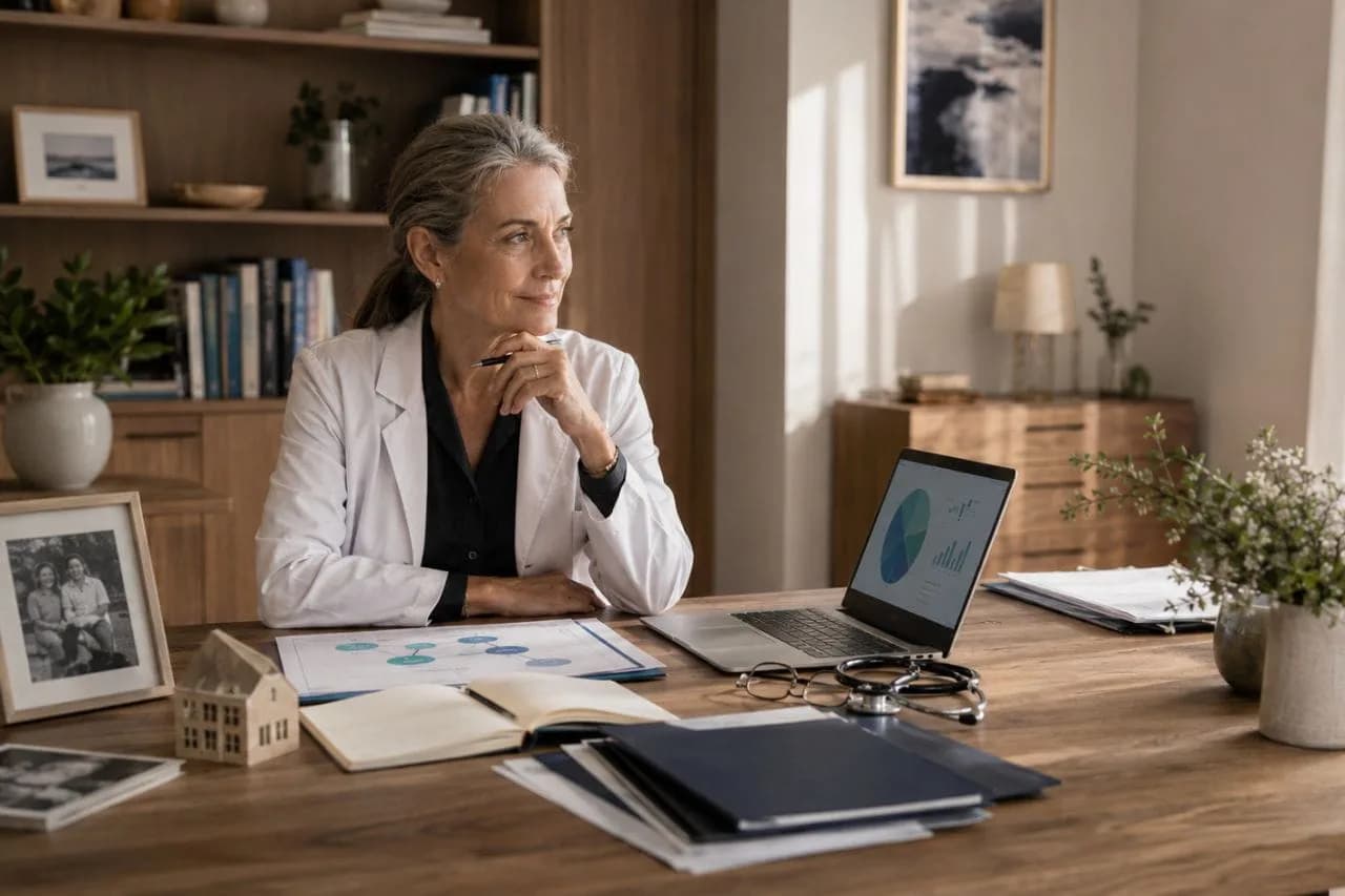 Femme médecin expérimentée préparant la transmission et l’organisation de son patrimoine familial dans un bureau lumineux.