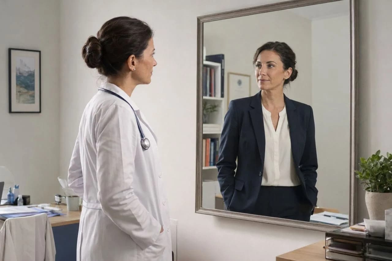 Médecin en blouse blanche se regardant dans un miroir où son reflet apparaît en tenue professionnelle, pour illustrer le parallèle entre diagnostic médical et conseil en gestion de patrimoine.