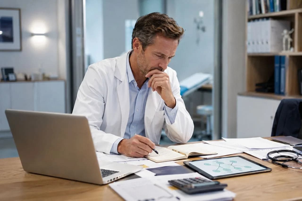 Médecin spécialiste libéral réfléchissant à la structuration de son patrimoine professionnel et personnel dans son bureau.