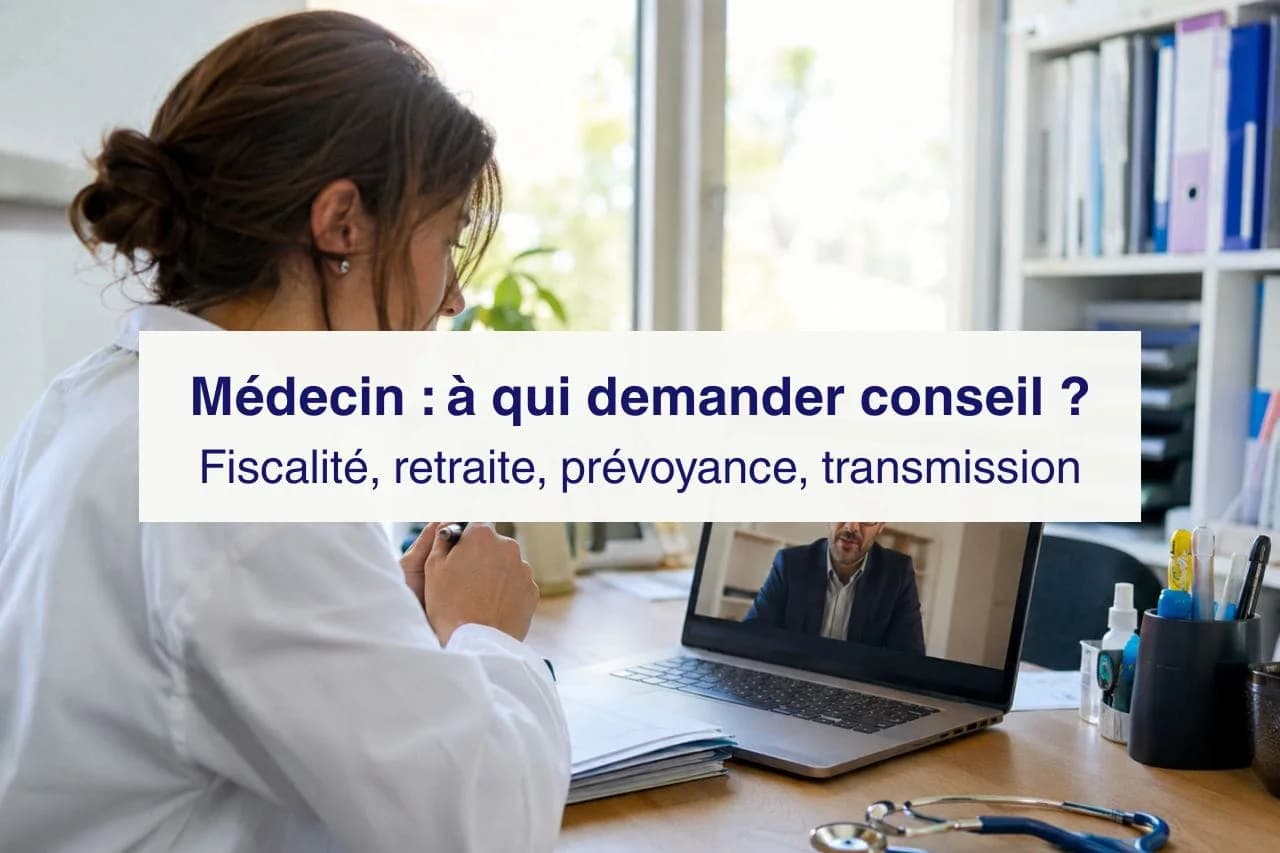 Médecin en visioconférence avec un conseiller en gestion de patrimoine pour organiser sa fiscalité, sa retraite, sa prévoyance et sa transmission.
