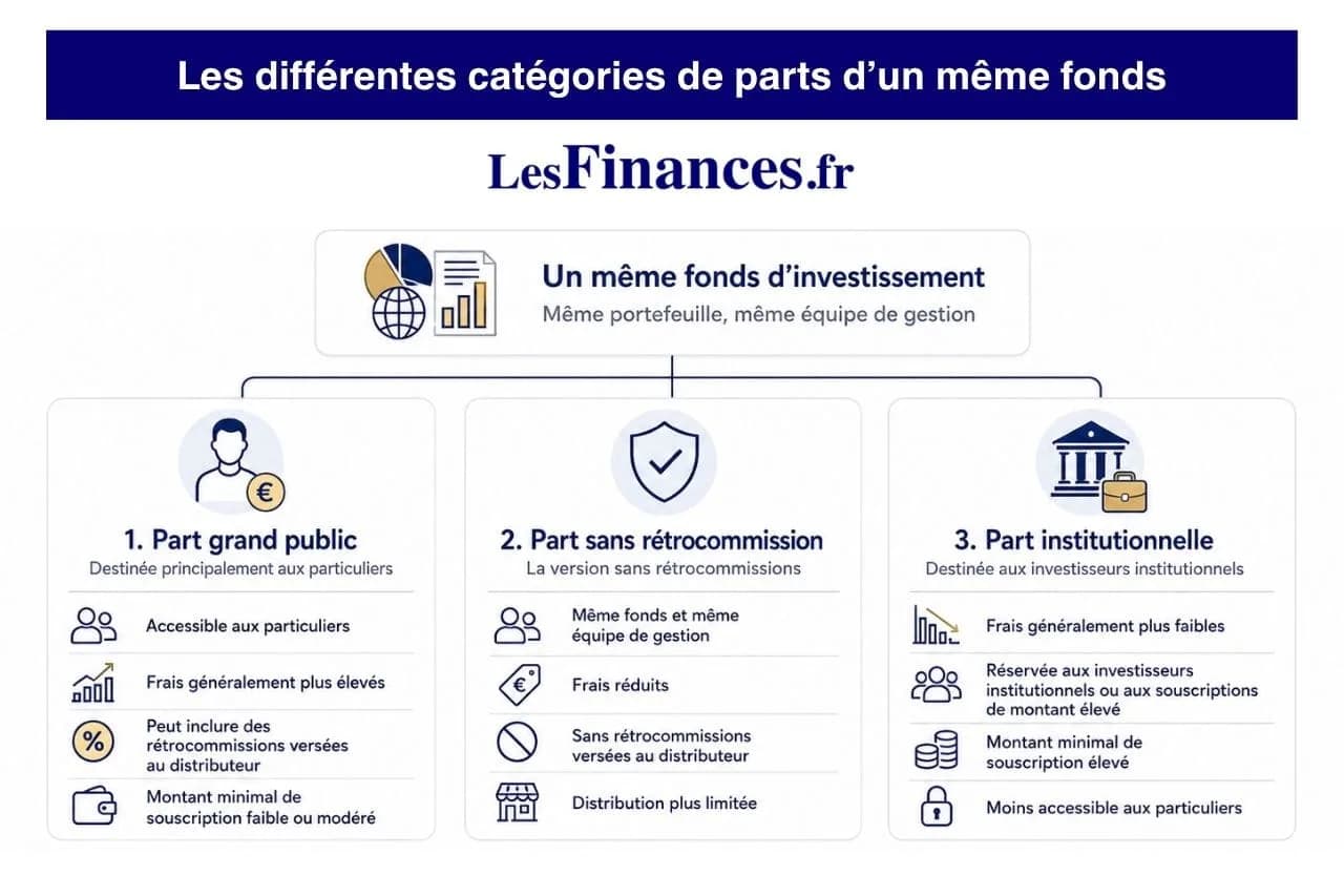 Comparaison des parts grand public, sans rétrocommission et institutionnelles d’un même fonds.