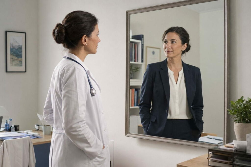 Médecin en blouse blanche se regardant dans un miroir où son reflet apparaît en tenue professionnelle, pour illustrer le parallèle entre diagnostic médical et conseil en gestion de patrimoine.