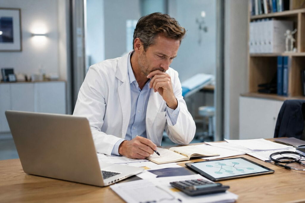 Médecin spécialiste libéral réfléchissant à la structuration de son patrimoine professionnel et personnel dans son bureau.