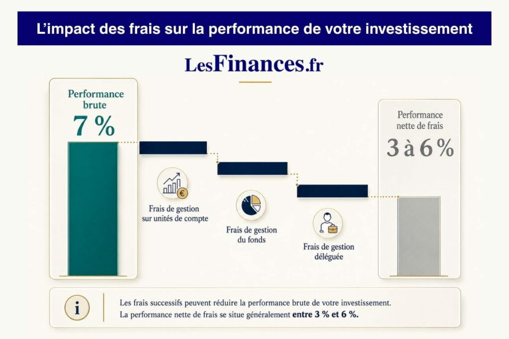 Infographie montrant comment les frais de gestion réduisent la performance brute d’un investissement en unités de compte.