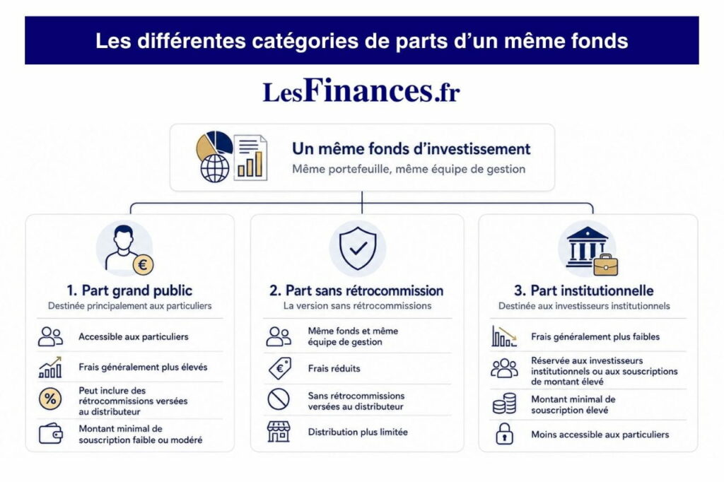 Comparaison des parts grand public, sans rétrocommission et institutionnelles d’un même fonds.